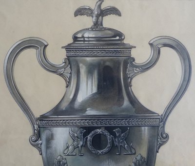 Gouache - dessin d'orfèvrerie : samovar en argent massif de style Empire encadrée - 47,5cm x 58cm