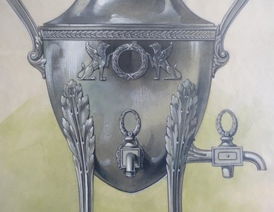 Gouache - dessin d'orfèvrerie : samovar en argent massif de style Empire encadrée - 47,5cm x 58cm