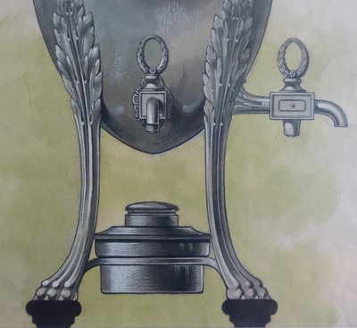 Gouache - dessin d'orfèvrerie : samovar en argent massif de style Empire encadrée - 47,5cm x 58cm