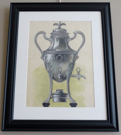 Gouache - dessin d'orfèvrerie : samovar en argent massif de style Empire encadrée - 47,5cm x 58cm