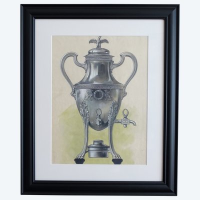 Gouache - dessin d'orfèvrerie : samovar en argent massif de style Empire encadrée - 47,5cm x 58cm