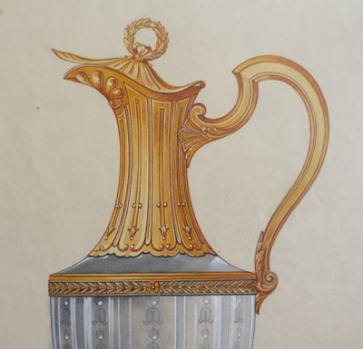 Gouache - dessin d'orfèvrerie : aiguière en vermeil de style Empire encadrée - 47,5cm x 58cm