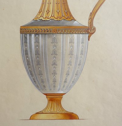 Gouache - dessin d'orfèvrerie : aiguière en vermeil de style Empire encadrée - 47,5cm x 58cm