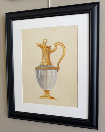 Gouache - dessin d'orfèvrerie : aiguière en vermeil de style Empire encadrée - 47,5cm x 58cm