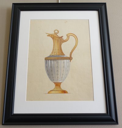 Gouache - dessin d'orfèvrerie : aiguière en vermeil de style Empire encadrée - 47,5cm x 58cm