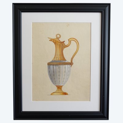 Gouache - dessin d'orfèvrerie : aiguière en vermeil de style Empire encadrée - 47,5cm x 58cm
