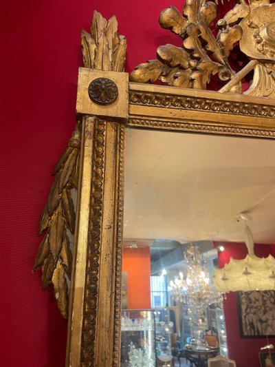 Miroir D’époque Louis XVI En Bois Doré Au Attribut De Jardinier 