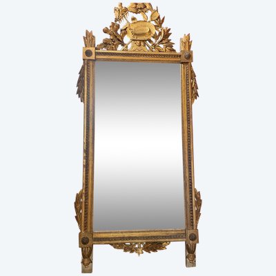 Miroir D’époque Louis XVI En Bois Doré Au Attribut De Jardinier 