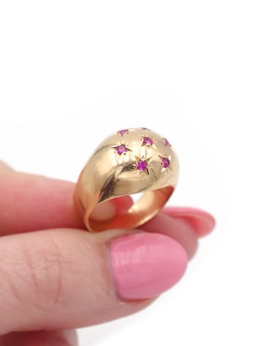 Anello a forma di sfera con costellazione in oro 18k e rubino, incastonatura a stella, rubini sintetici, anello da cocktail