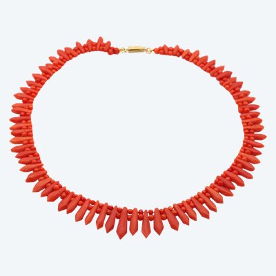 Collier corail Art Deco avec fermoir or 18k, batonnets, Bijou Art Deco, bijou ancien, méditerranée