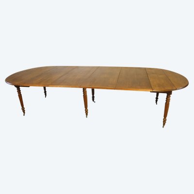 Table à 6 pieds en chêne de forme ovale avec 4 allonges époque milieu 19ème 