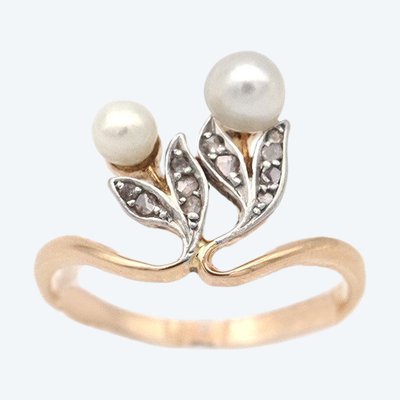 Anello con perle in stile Art Nouveau in oro 18k e platino, anello con perle fini, fiori, tu ed io