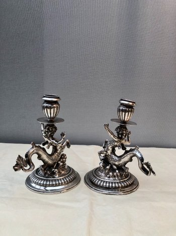 Coppia Di Candelieri In Argento 925, XIX Secolo
