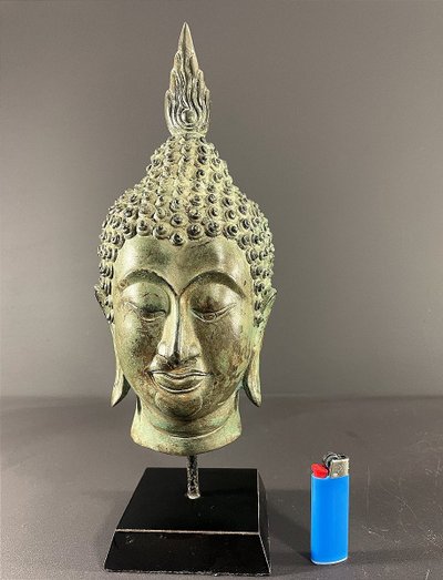 Thailand, Sukhothai, 1950s/1960s, Bronze Buddha Head Presented on a Pedestal.