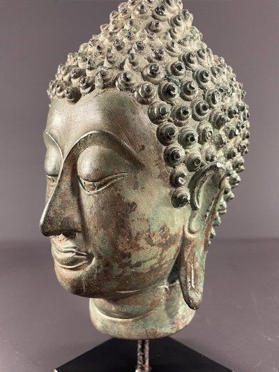 Thailand, Sukhothai, 1950s/1960s, Bronze Buddha Head Presented on a Pedestal.