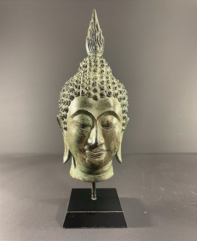 Thailand, Sukhothai, 1950s/1960s, Bronze Buddha Head Presented on a Pedestal.