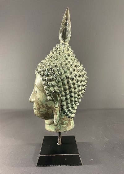 Thailand, Sukhothai, 1950s/1960s, Bronze Buddha Head Presented on a Pedestal.