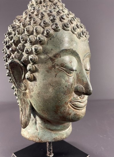 Thailand, Sukhothai, 1950s/1960s, Bronze Buddha Head Presented on a Pedestal.