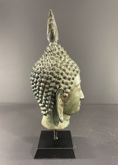 Thailand, Sukhothai, 1950s/1960s, Bronze Buddha Head Presented on a Pedestal.