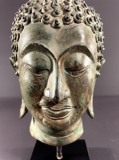Thailand, Sukhothai, 1950s/1960s, Bronze Buddha Head Presented on a Pedestal.