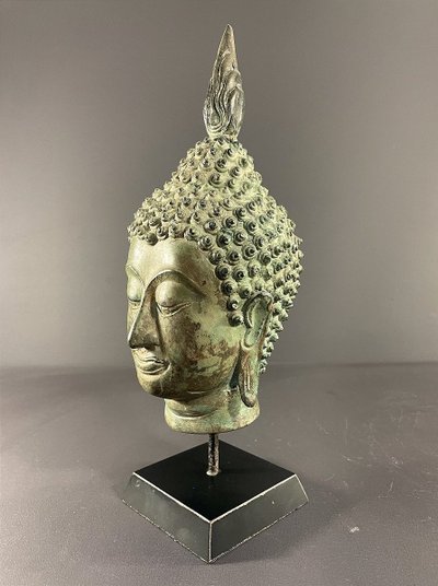 Thailand, Sukhothai, 1950s/1960s, Bronze Buddha Head Presented on a Pedestal.