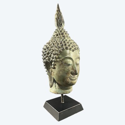 Thailand, Sukhothai, 1950s/1960s, Bronze Buddha Head Presented on a Pedestal.