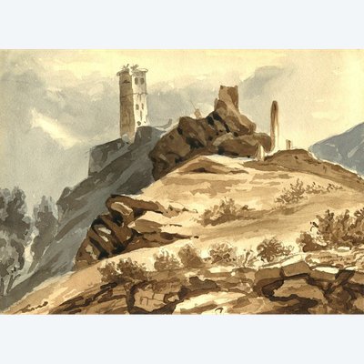 View of Italy - Neoclassical landscape - Original old drawing with two washes