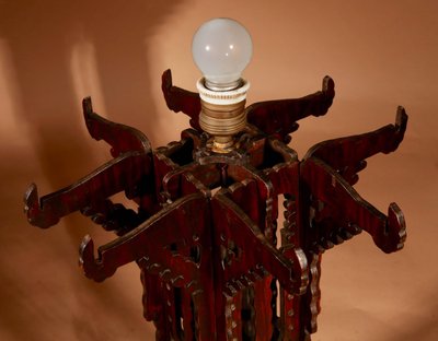 Amsterdam School, 1900-1920. Very impressive and elegant openwork wooden table lamp.
