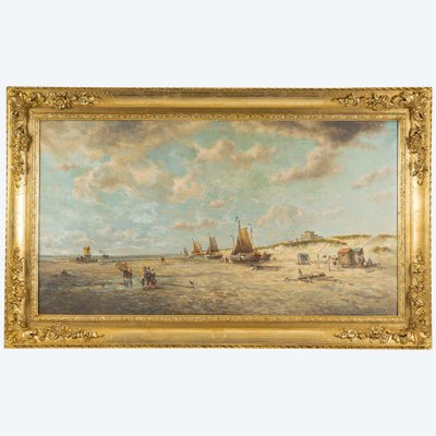 François-Etienne Musin (1820-1888) Les Pêcheurs sur les plages d’Ostende huile sur toile vers 1850