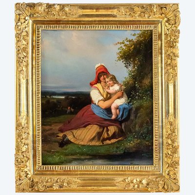 Julien Michel Gué (1789-1843) Junge Frau und Kind, Öl auf Leinwand, Romantik, um 1820