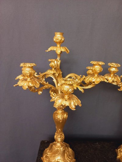 Large pair of Louis XV style candelabras in gilded and chiseled bronze