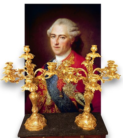 Large pair of Louis XV style candelabras in gilded and chiseled bronze