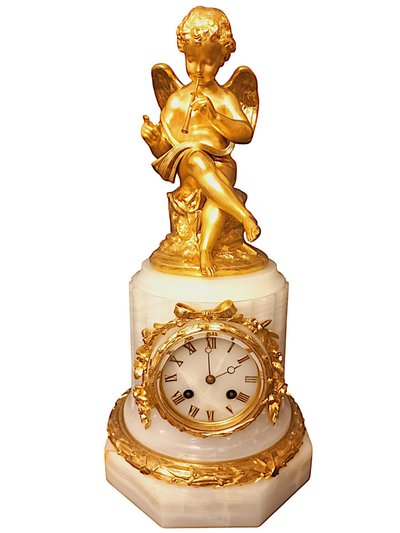 Putto-Musiker-Pendel aus weißem Onyx und vergoldeter Bronze