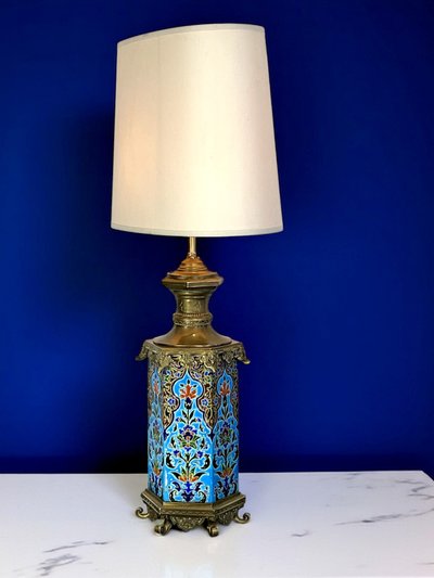 LAMPE ANCIENNE EN FAÏENCE VIEILLARD BORDEAUX ? OU LONGWY ? ORNÉE DE BRONZE
