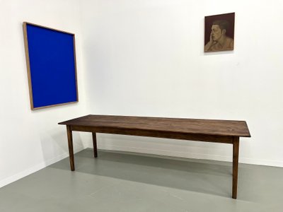 Large solid pine farmhouse table with spindle legs, circa 1950