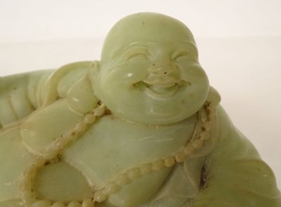 Sculpture Chinoise Jade Jadéite Verte Bouddha Rieur Signature Xuande XIXème