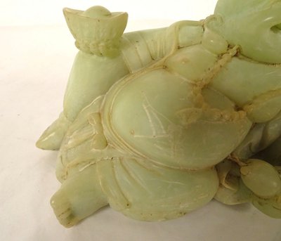 Sculpture Chinoise Jade Jadéite Verte Bouddha Rieur Signature Xuande XIXème