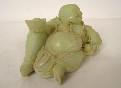 Sculpture Chinoise Jade Jadéite Verte Bouddha Rieur Signature Xuande XIXème