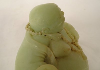 Sculpture Chinoise Jade Jadéite Verte Bouddha Rieur Signature Xuande XIXème
