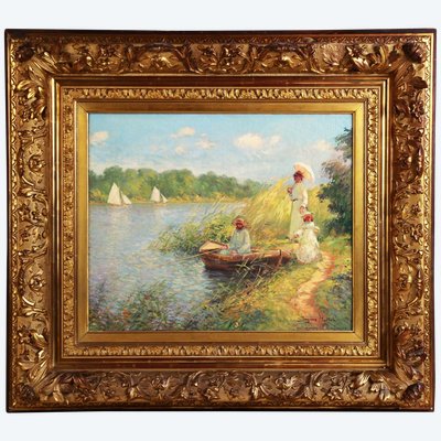 Jacques Muller „au bord de l’etang“ Impressionismus, Öl auf Leinwand, 20. Jahrhundert