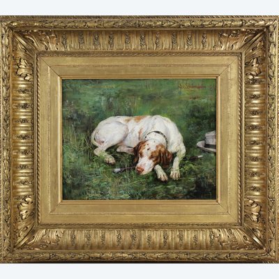 Cane a riposo in un paesaggio "la fedeltà" dipinto a olio svedese su tavola