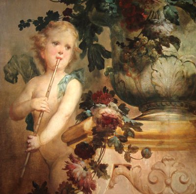 Still life with flowers Putti and parrot oil on canvas attr. Vittorio Amedeo Rapous
