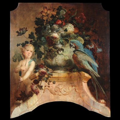 Still life with flowers Putti and parrot oil on canvas attr. Vittorio Amedeo Rapous