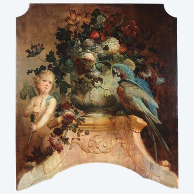 Still life with flowers Putti and parrot oil on canvas attr. Vittorio Amedeo Rapous