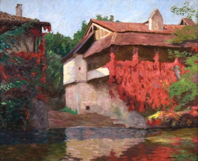 Peinture à l'huile impressionniste de Gorm Hansen, reflet de l'eau avec des fleurs