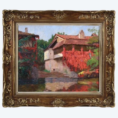 Peinture à l'huile impressionniste de Gorm Hansen, reflet de l'eau avec des fleurs