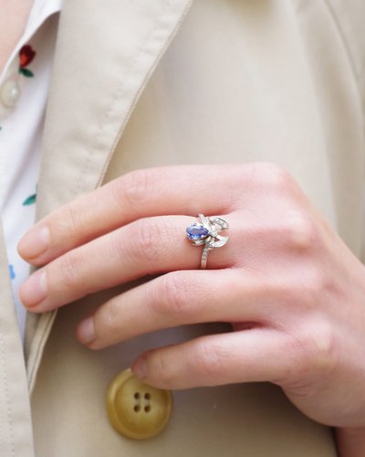 Bague nœud saphir diamants en or 18k, bague de fiançailles, mariage, saphir naturel 0.76ct, diamants