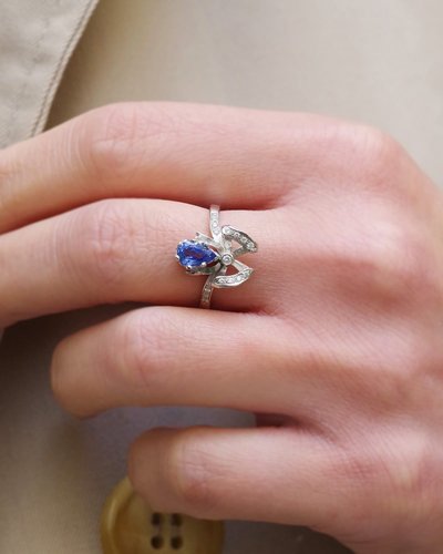 Bague nœud saphir diamants en or 18k, bague de fiançailles, mariage, saphir naturel 0.76ct, diamants