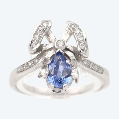 Bague nœud saphir diamants en or 18k, bague de fiançailles, mariage, saphir naturel 0.76ct, diamants