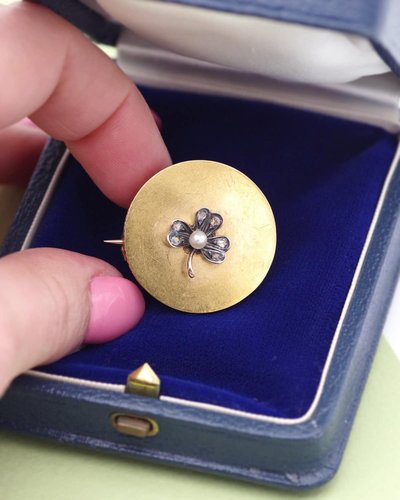 Spilla a forma di trifoglio di Napoleone III in oro 18k e diamanti, argento, portafortuna, rotonda, gioiello antico 